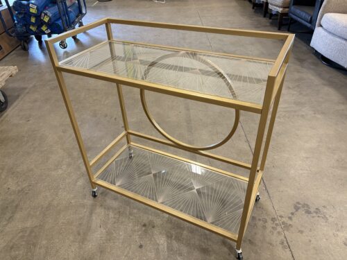 Hollywood Regency Style 2 Tier Gold Tone Bar Cart with Decorarive Glass Shelves