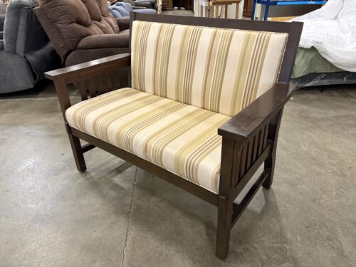 FLEXSTEEL Mission Style Dark Finished Bench with Green and Beige Striped Upholstery