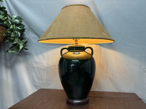 Vintage Dark Green Urn Table Lamp w/ Natural Burlap Shade