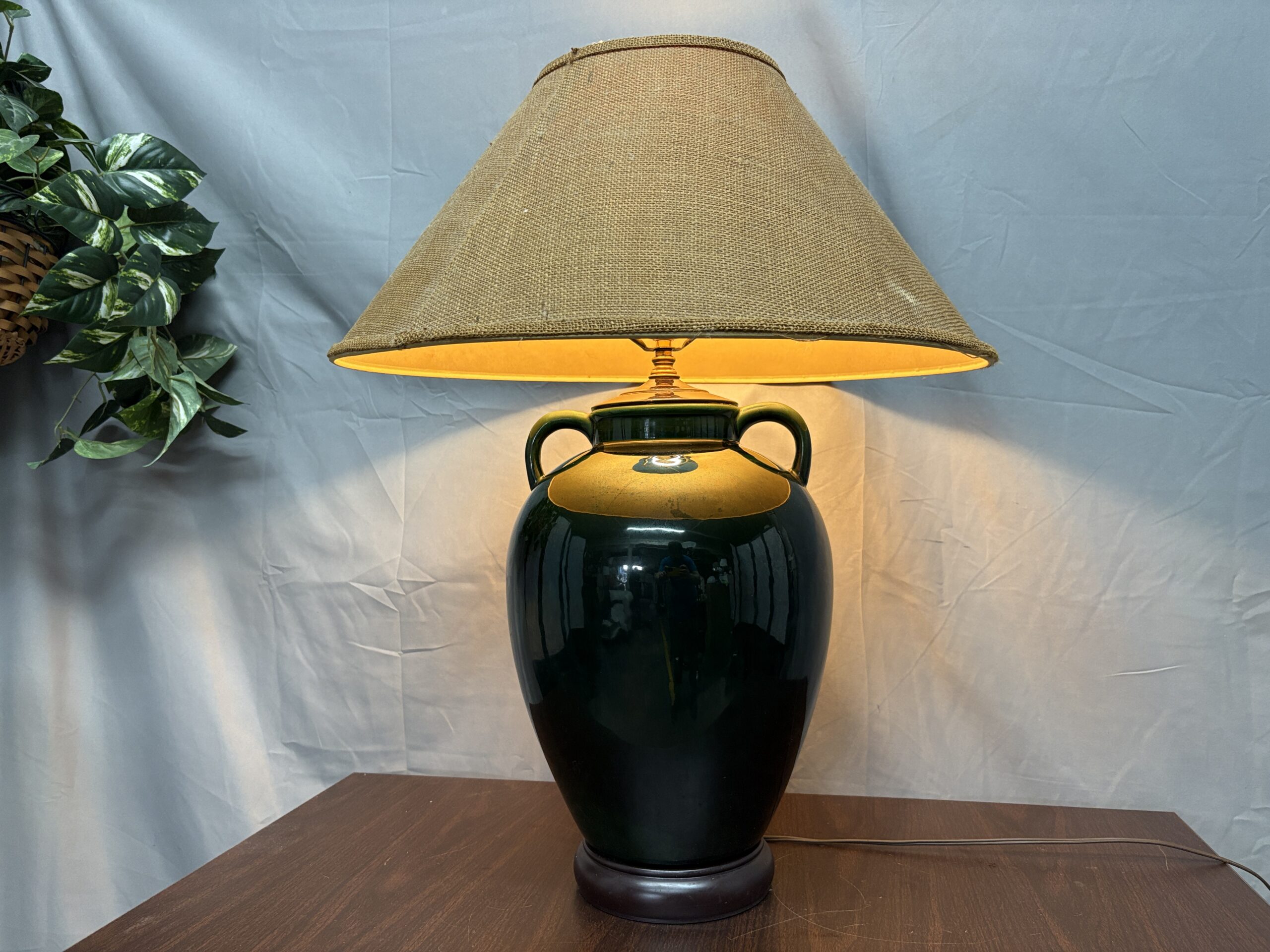 Vintage Dark Green Urn Table Lamp w/ Natural Burlap Shade