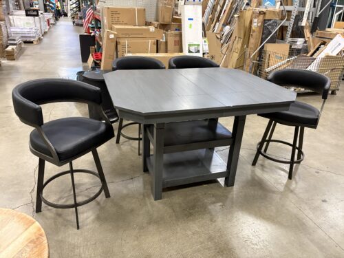 Grey Extendable Counter Height Dining Table with Shelving Pedestal and 4 Black Leather Swivel Chairs
