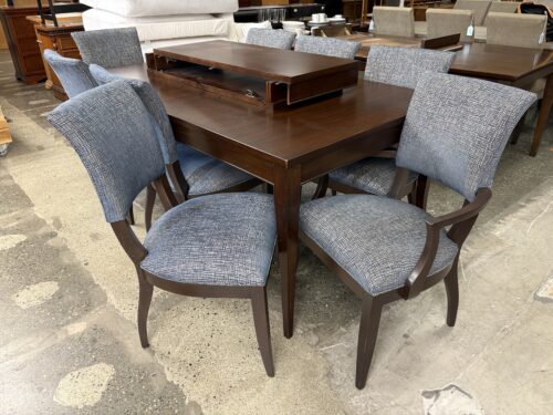 ETHAN ALLEN Barrymore Dark Wood Extension Table w/ 8 Drew Blue & Silver Fabric Chairs