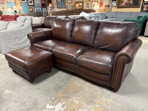 BASSETT Hamilton Tobacco Brown Leather 3 Seat Sofa w/ Ottoman