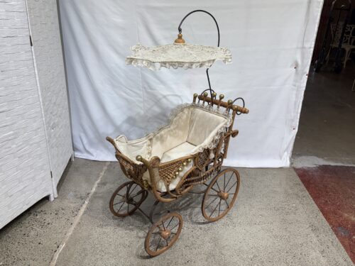 Antique Victorian Baby Doll Pram Stroller w/ Lace Parasol