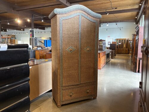Arch Top Blue Trim Wicker Armoire
