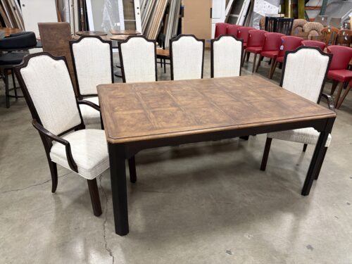Burl Wood Top Dining Table with 6 Ivory Woven Upholtery Chairs and Extension Leaf