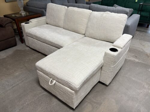 White Textured Fabric Sleeper Sofa w/ Storage Chaise