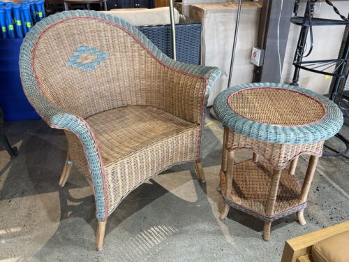 Charming Blue Trim Wicker Chair & Table Set