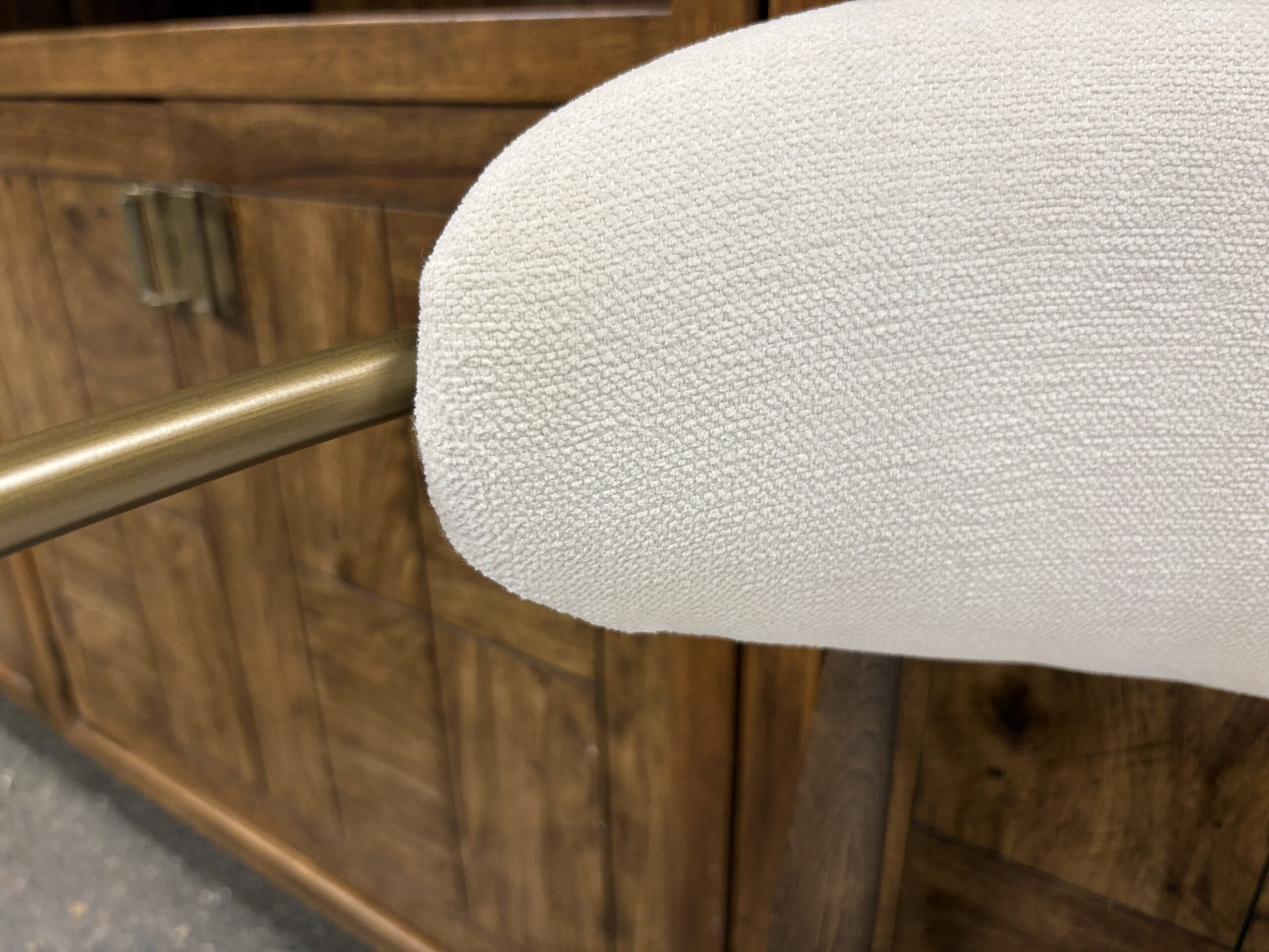 RESTORATION HARDWARE Arno Brown Oak/Brass Natural Linen Arm Chair