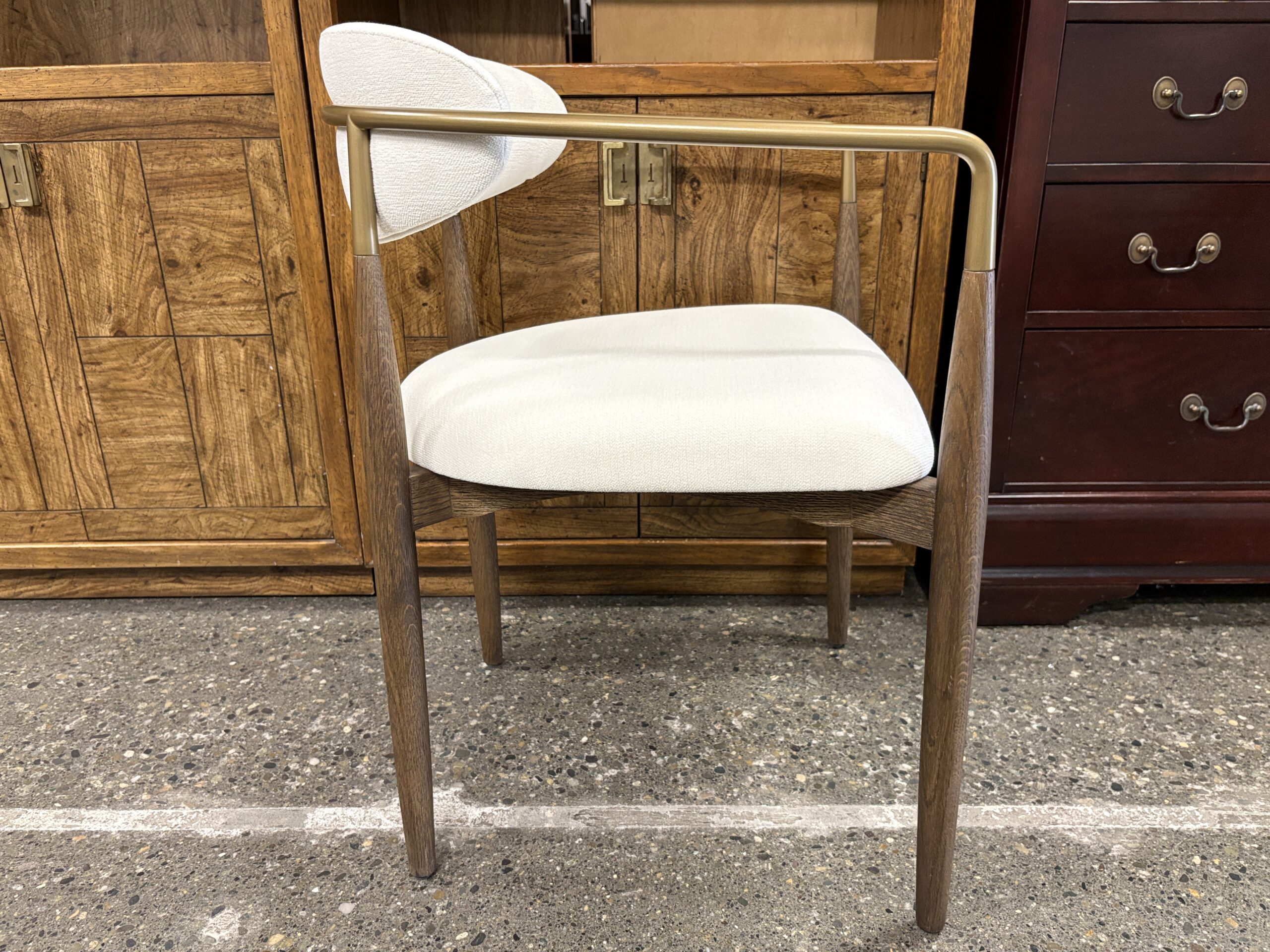 RESTORATION HARDWARE Arno Brown Oak/Brass Natural Linen Arm Chair