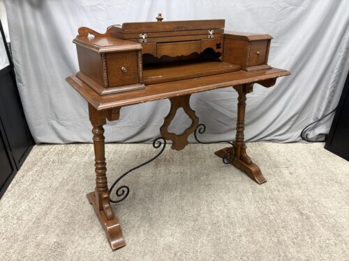 Vintage Light Wood Spinet Writing Desk w/ Metal Scrollwork