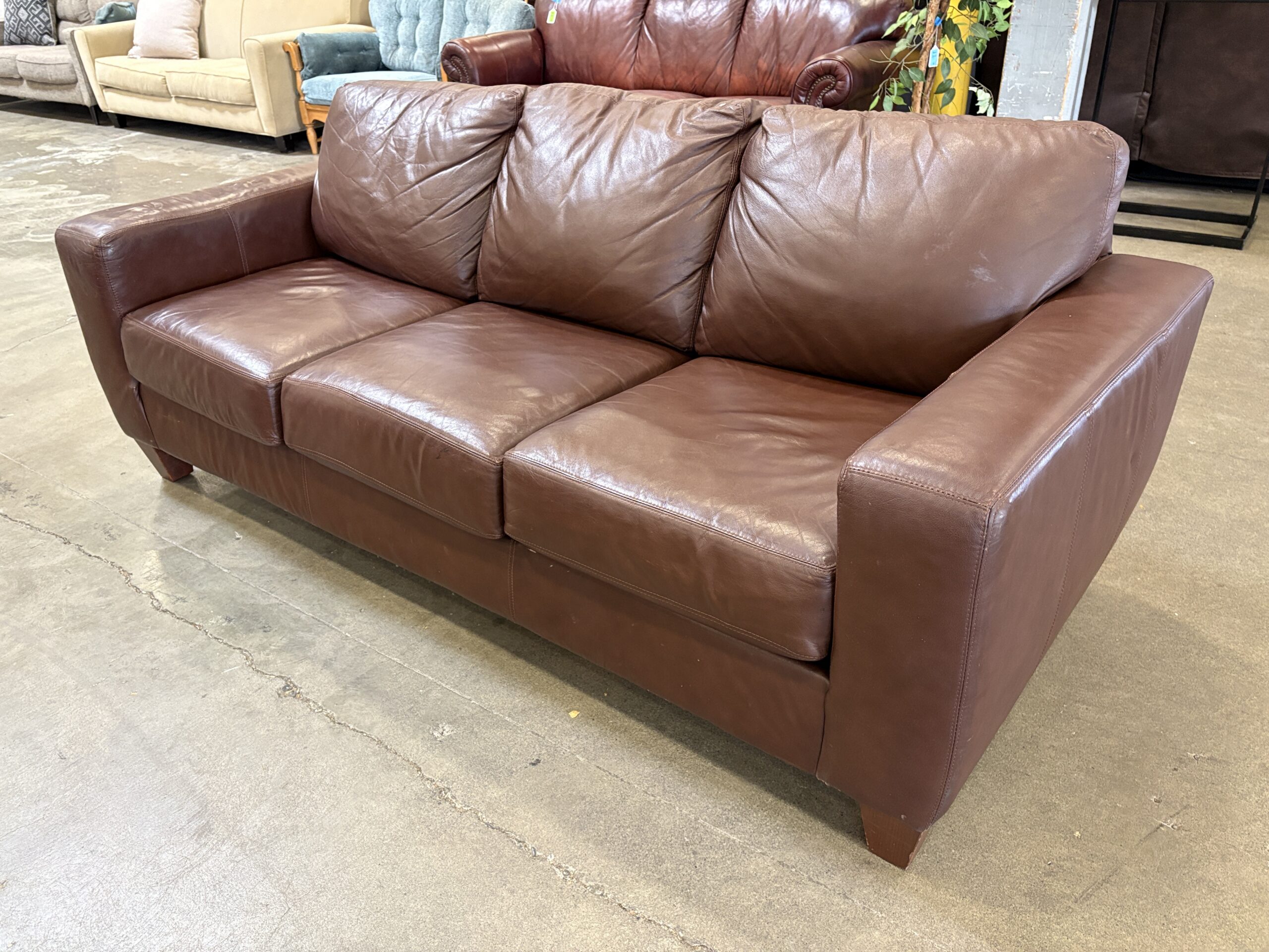 Chocolate Brown Leather Square Arm 3 Seat Sofa