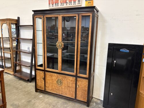 CENTURY Vintage Black and Burl Wood Illuminated China Hutch with Brass Accents
