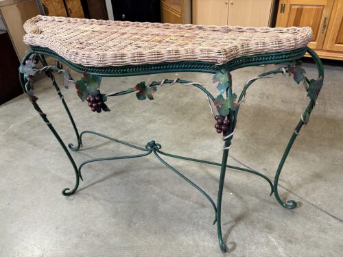 Wicker Top Demilune Console Table with Green Wrought Iron Base and Decorative Grapevine