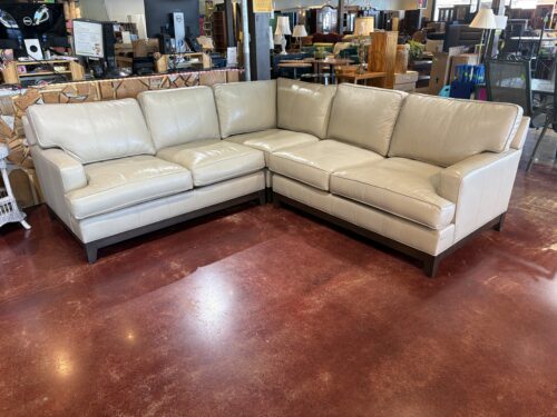 ETHAN ALLEN Cream Colored Leather Corner Couch with Featherblend Cushions