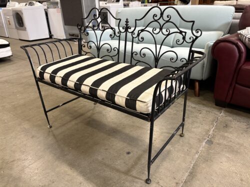 Vintage Wrought Iron Patio Bench with Striped Sunbrella Cushion