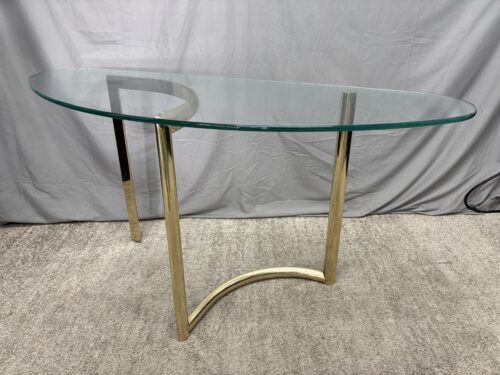 Modern Brass Offset Curved Base Glass Top Demilune Console Table
