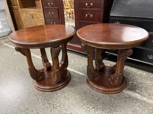 Traditional Round Ornately Carved Wooden Side Tables (Set of 2)