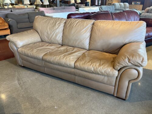 Camel Colored Leather Sofa with Classic Saddle Arms