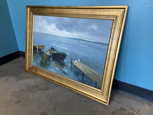 Boats at Harbor Original Oil Painting in Oversized Gold Tone Frame