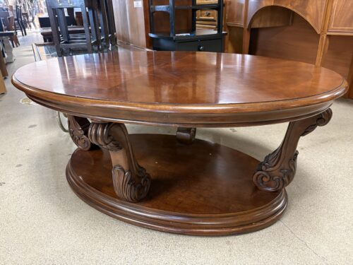 Traditional Rolling Oval Ornate Carved Wooden Coffee Table