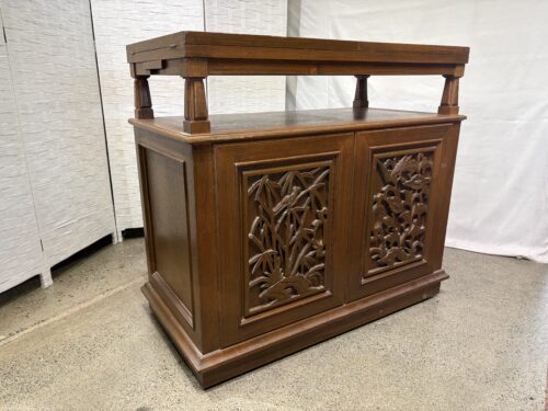 Vintage Flip Top Buffet with Intricately Carved Panels of Birds and Bamboo