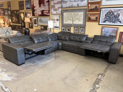 TIMBERLAND CO Ivy 6-Piece Grey Leather Power Reclining Sectional w/ Adjustable Headrest
