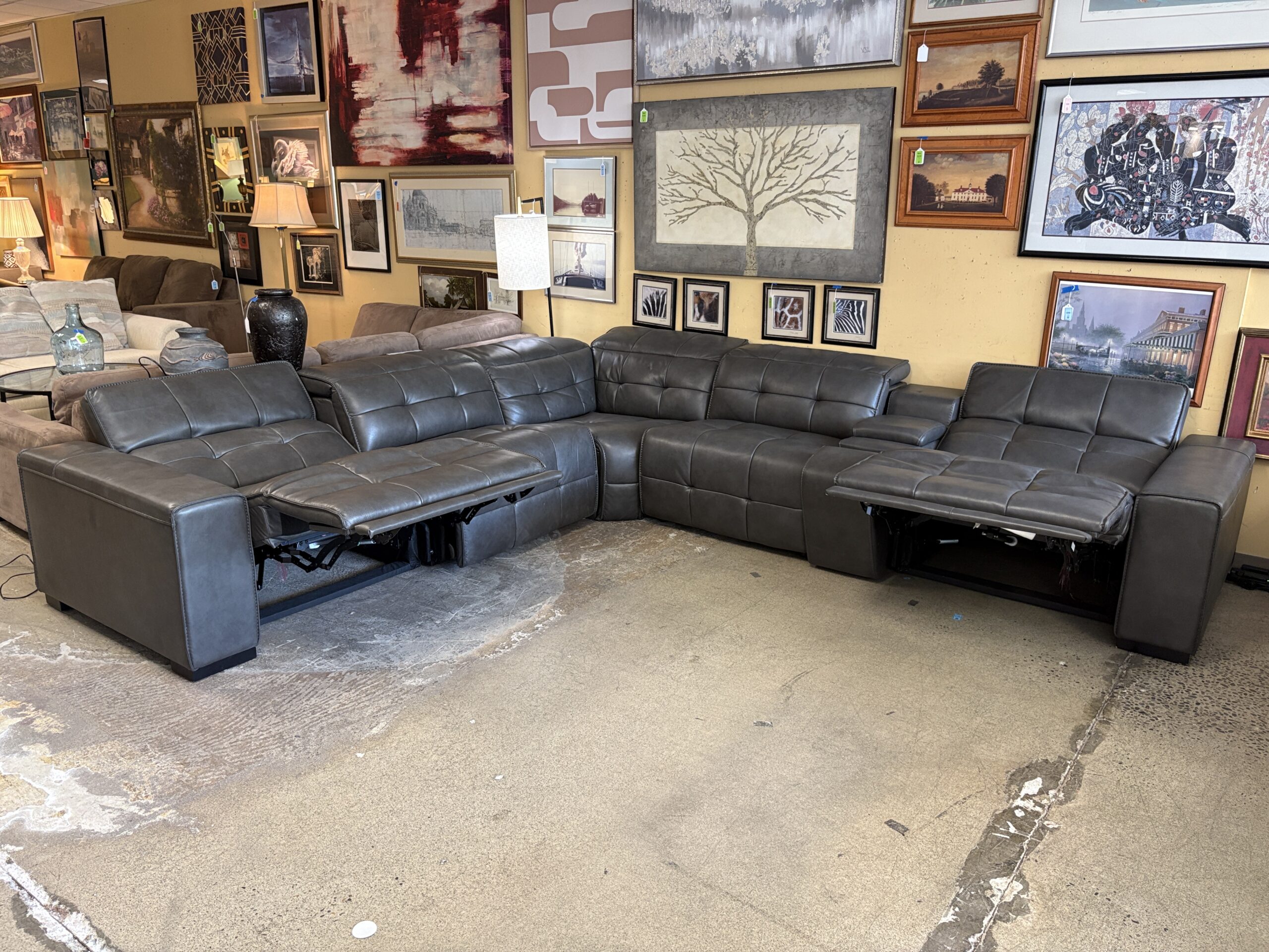 TIMBERLAND CO Ivy 6-Piece Grey Leather Power Reclining Sectional w/ Adjustable Headrest
