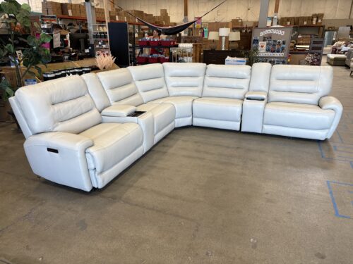 TIMBERLAND Taupe Leather Channel Stitched 7 Piece Power Reclining Sofa with Charging and Storage Consoles