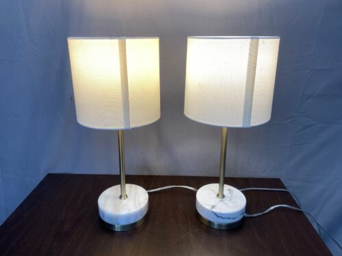Modern Brushed Champagne Metal & Marble Stem Table Lamp (Set of 2)