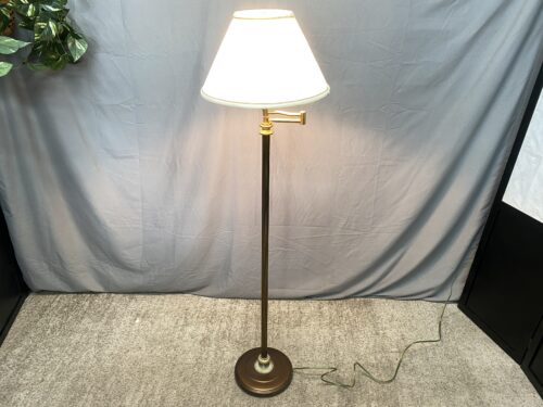 Vintage Brass Swing Arm Floor Lamp w/ White Pleated Shade