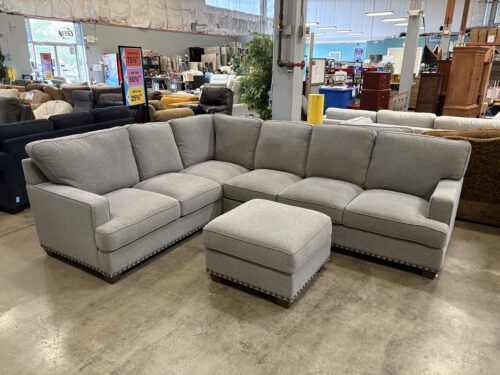 THOMASVILLE Light Grey 2 Piece L-Shaped Sofa with Nailhead Trim and Pneumatic Storage Ottoman