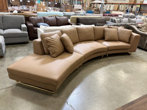 MORAN Arcadia Modern 3 Piece Curved Caramel Leather Chaise Sofa with Gold Tone Legs