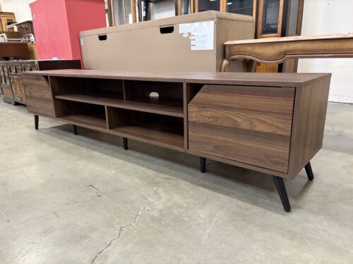 WALKER EDISON Dark Walnut Finished 80" MCM Style Media Stand with Pocket Shelving