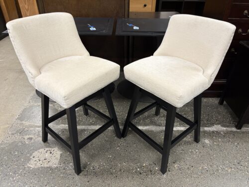 Beige Upholstered Swivel Counter Stool w/ Nailhead Trim (Set of 2)