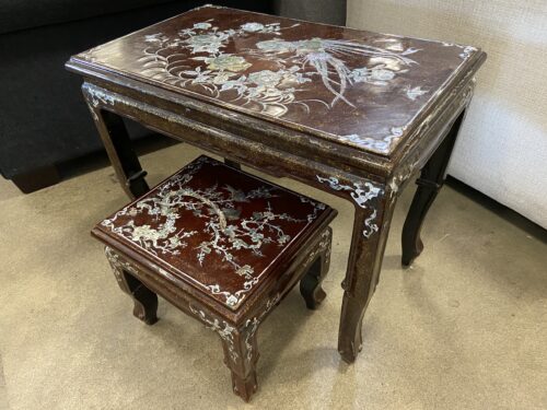 Vintage Chinese Mother of Pearl Inlay Dark Wooden Nesting Tables (Set of 2)