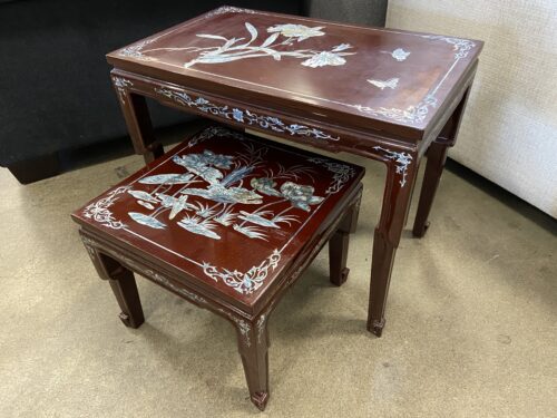 Vintage Chinese Rosewood Floral Mother of Pearl Inlay Nesting Tables (Set of 2)