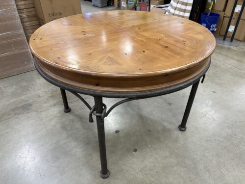 Rustic Industrial Round-to-Oval Dining Table with Iron Legs and Extension Leaf