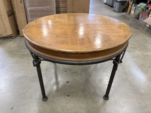 Rustic Industrial Round-to-Oval Dining Table with Iron Legs and Extension Leaf