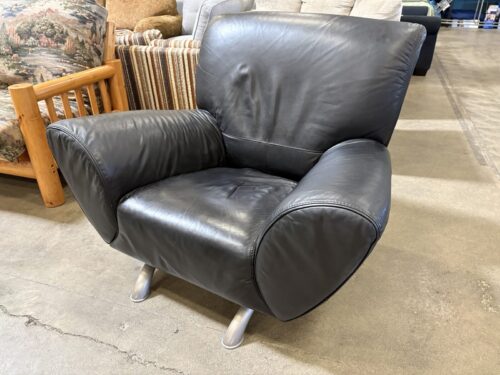 NATUZZI Black Leather Flared Side Armchair with Silver Rail Base
