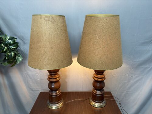 Vintage Turned Wood & Brass Base Table Lamp w/ Burlap Fabric Shade