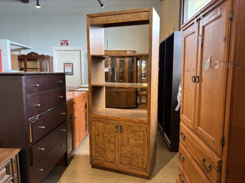 Campaign-Style Open Bookcase with Patchwork Wood Pattern Lower Doors
