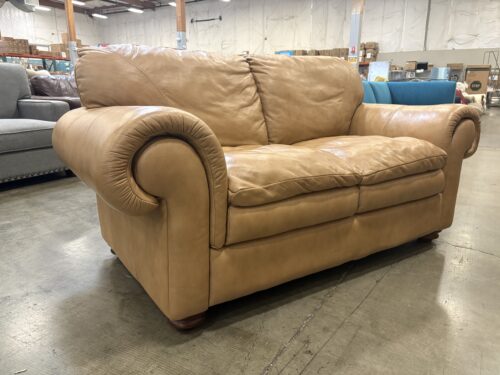 Vintage Caramel Brown Leather Sofa with Rounded Arms
