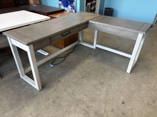 Grey Wash Modern Farmhouse Style Corner Desk with Lift Top Feature and Powered Outlet