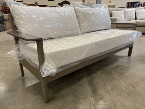 Pavillion Outdoor Loveseat with Beige Cushions and Metal Base