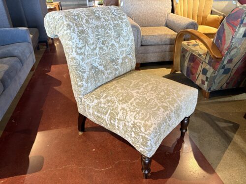 Roll Back Accent Chair with Damask Cream and Tan Pattern