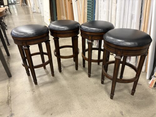 FRONTGATE Contemporary Mahogany Finish Carved Wood Swiveling Bar Stools with Black Leather Seat Cushions (Set of 4)