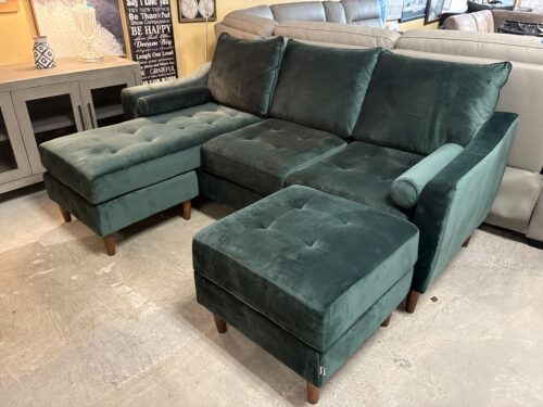 BELFFIN Forest Green Velvet Slope Arm Sectional w/ Reversible Chaise & Storage Ottoman