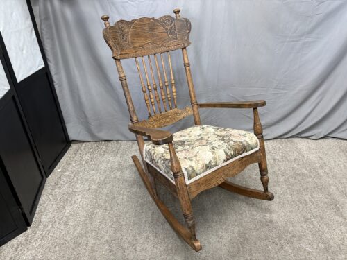 Vintage Carved Wood Floral Upholstered Seat Rocking Chair