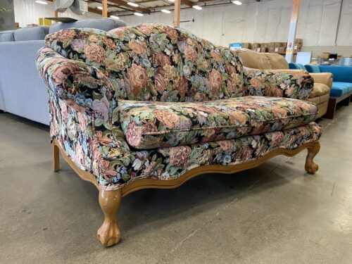 Vintage Floral Tapestry Settee with Carved Wood Feet
